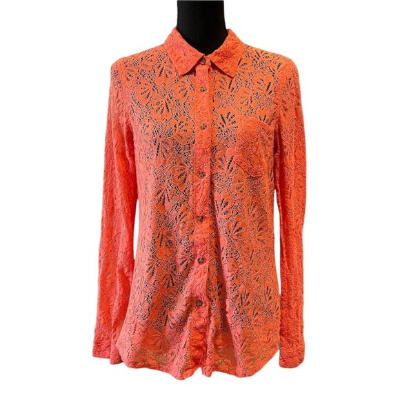 Volcom Tops - Volcom lace oxford coral collared top shirt Large long sleeve sheer crochet salm